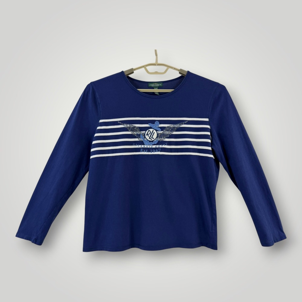 Lauren Ralph Lauren Navy Nautical Anchor Sequin Stripe Long Sleeve Tee XL